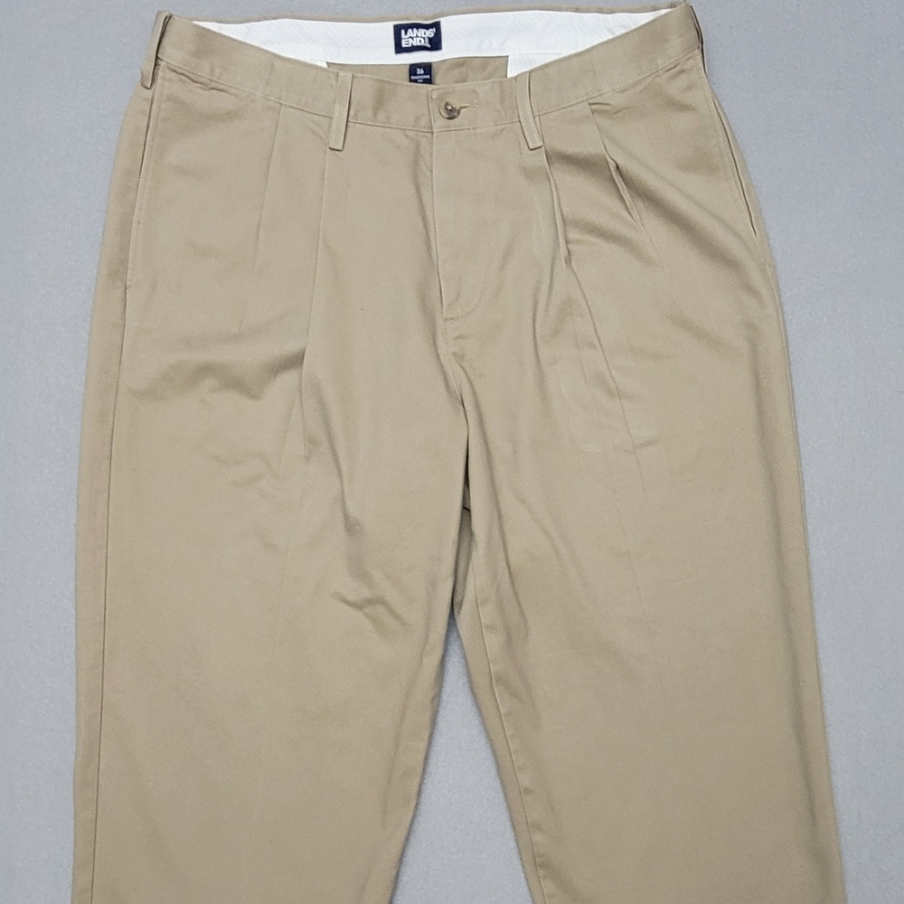 Lands End Traditional Fit Men Light Beige Flat Front Pants Sz 36x28 100% Cotton.